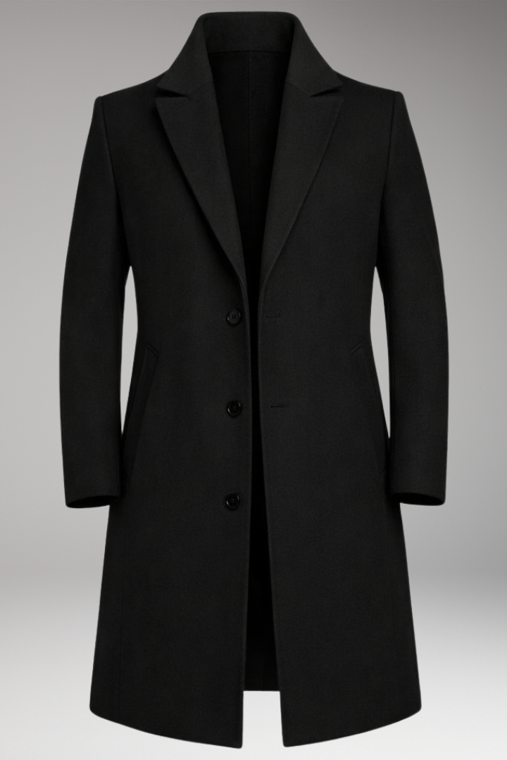 Men’s Long Coat with Notched Lapel and Seam Pockets