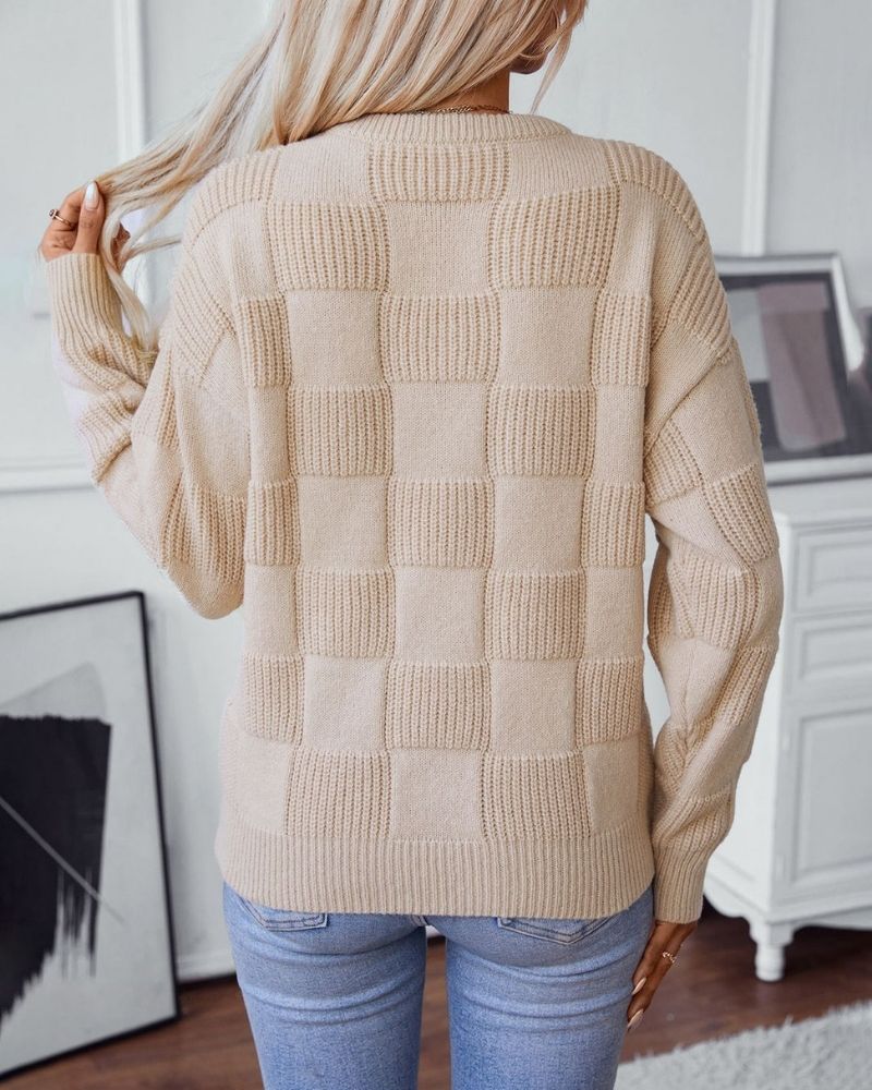 Women's Textured Square Pattern Crew Neck Jumper