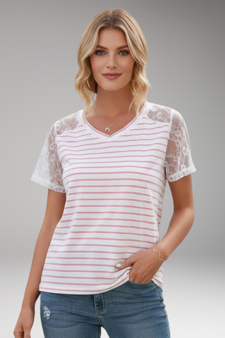 Women’s T‑Shirt with Lace Sleeves and Stripes