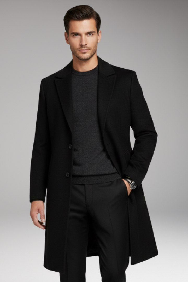 Men’s Long Coat with Notched Lapel and Seam Pockets