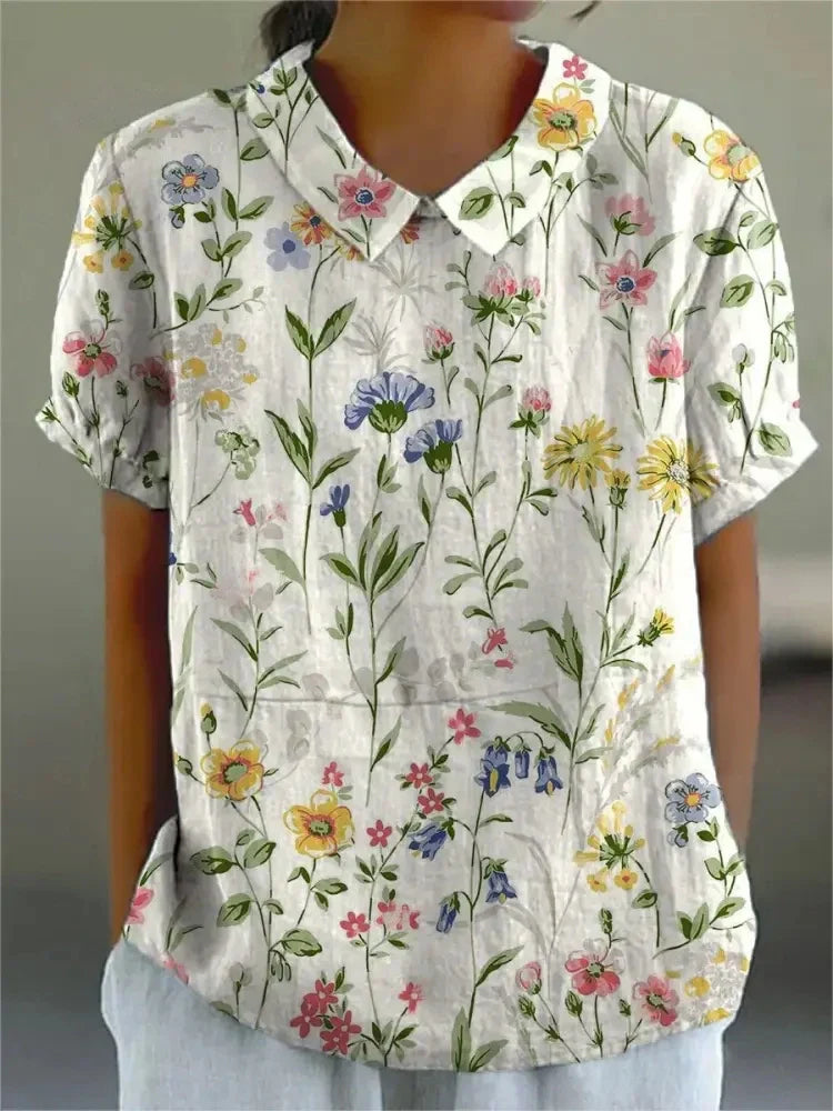 Women's Blouse with Floral Print and Collared Neck