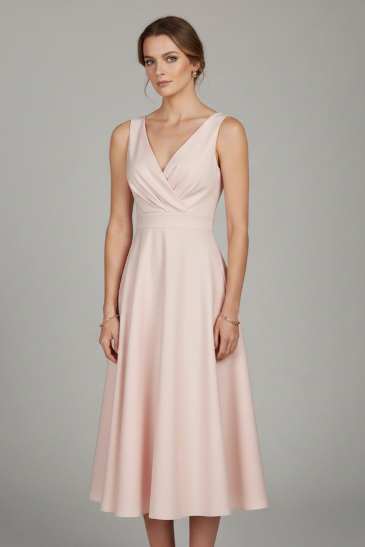 Women's Midi Dress with V-Neck and Zipper Closure
