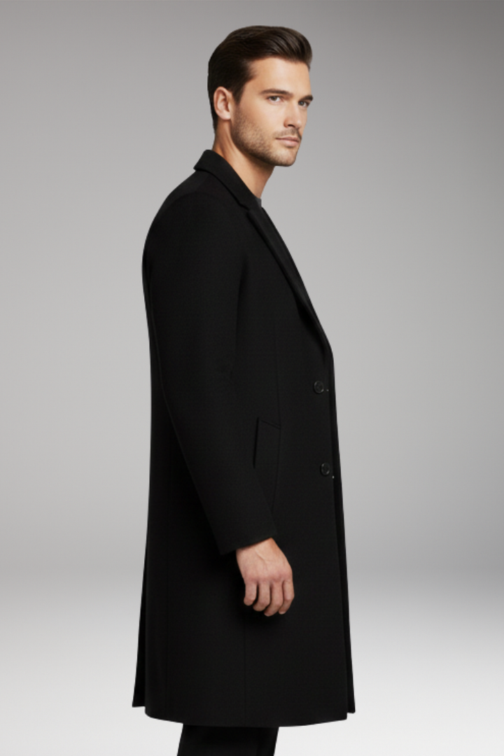 Men’s Long Coat with Notched Lapel and Seam Pockets