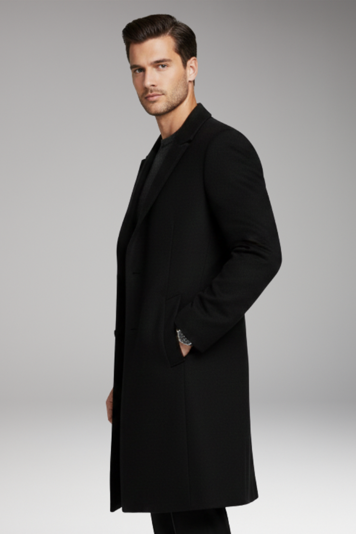 Men’s Long Coat with Notched Lapel and Seam Pockets