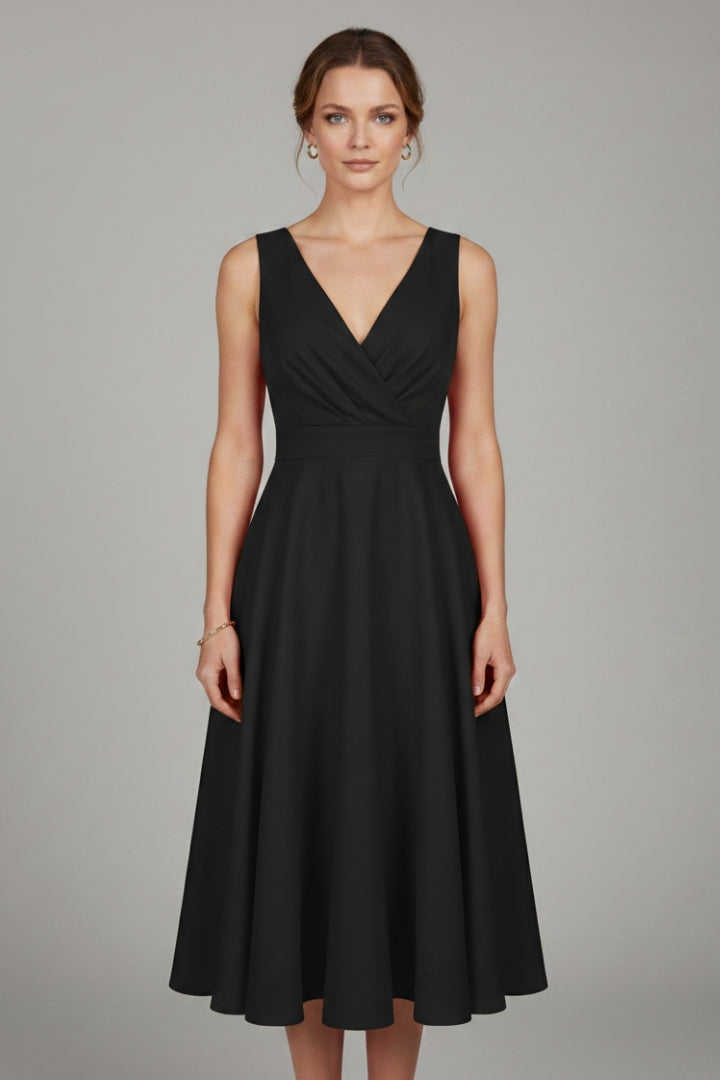 Women's Midi Dress with V-Neck and Zipper Closure