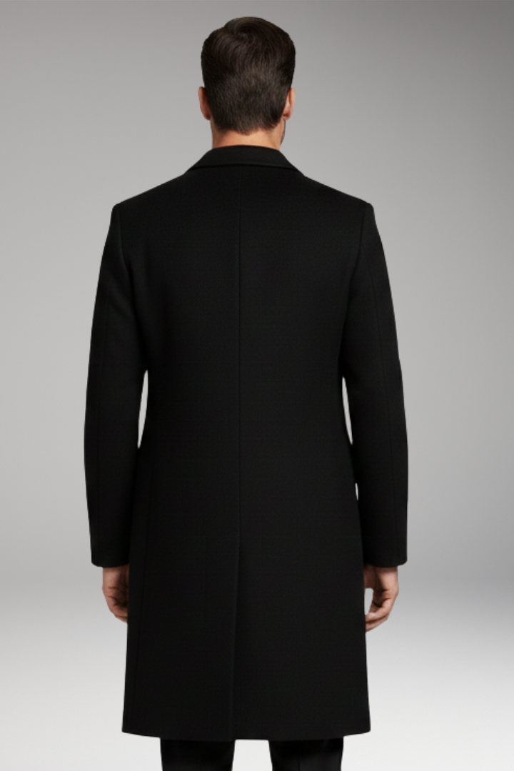 Men’s Long Coat with Notched Lapel and Seam Pockets