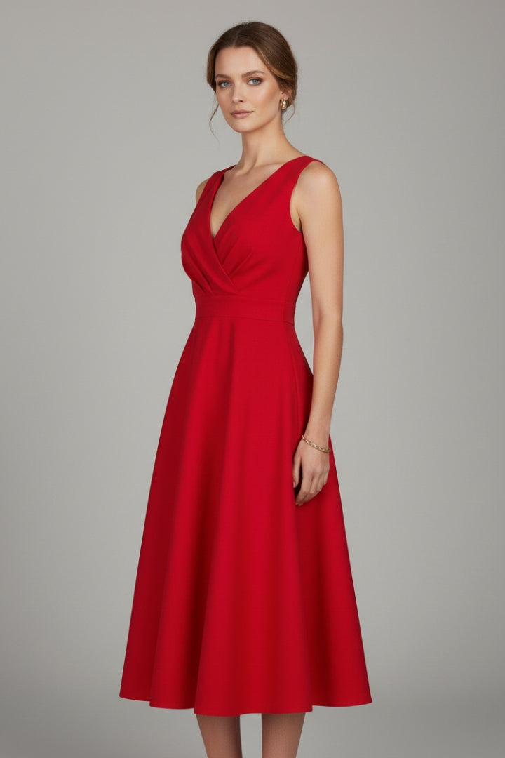 Women's Midi Dress with V-Neck and Zipper Closure