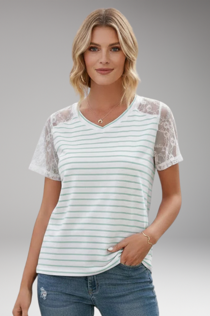 Women’s T‑Shirt with Lace Sleeves and Stripes