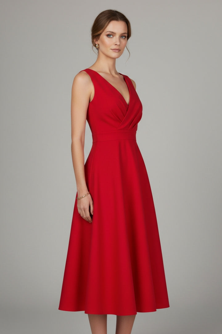 Women's Midi Dress with V-Neck and Zipper Closure