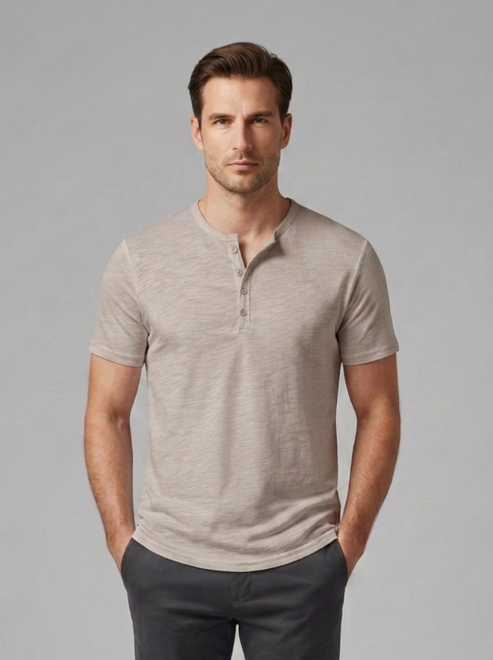 Men’s Short-Sleeve Henley Shirt with Button Placket