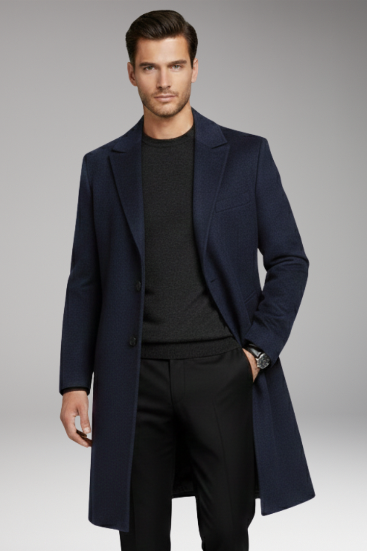 Men’s Long Coat with Notched Lapel and Seam Pockets