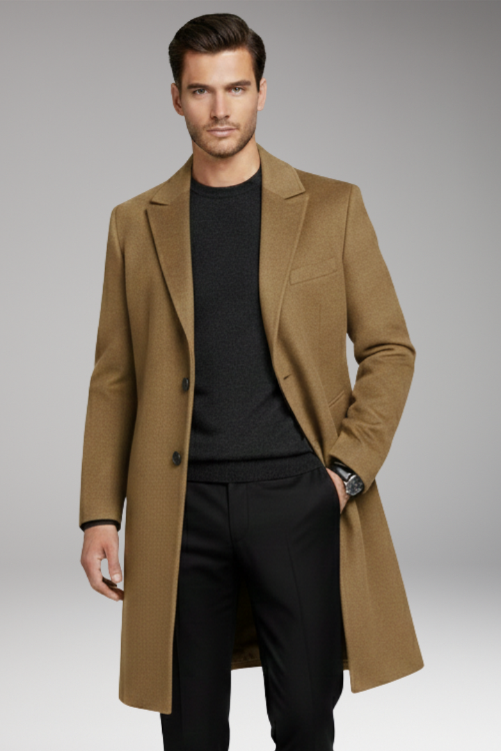 Men’s Long Coat with Notched Lapel and Seam Pockets