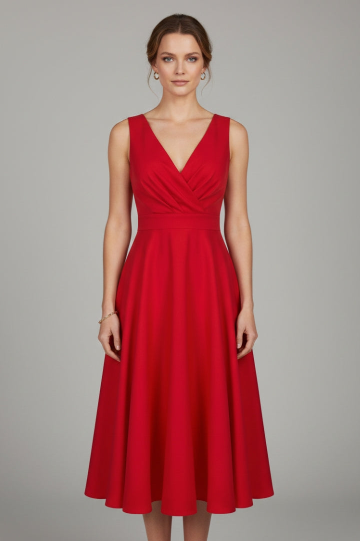 Women's Midi Dress with V-Neck and Zipper Closure