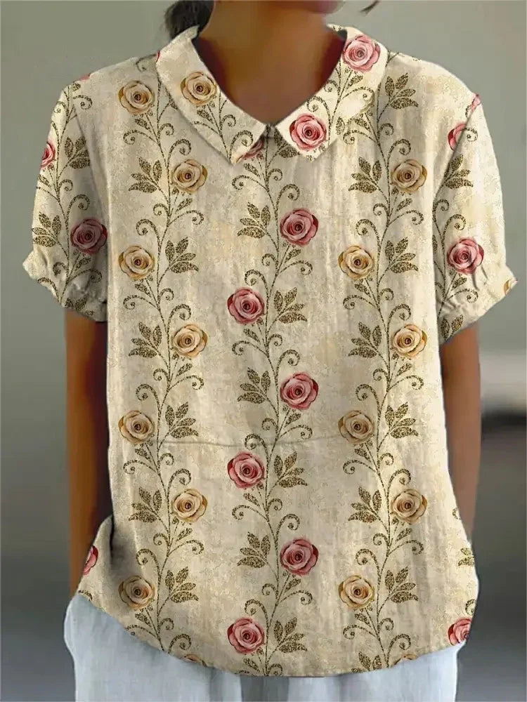 Women's Blouse with Floral Print and Collared Neck