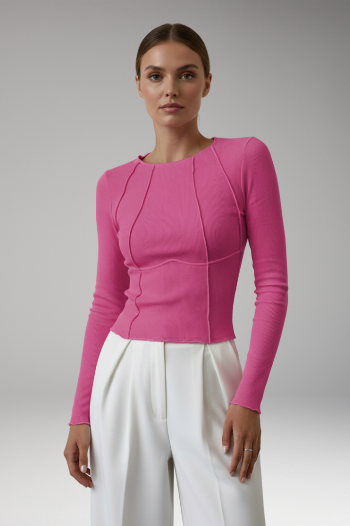 Women’s Long Sleeve Top with Ribbed Surface and Piping