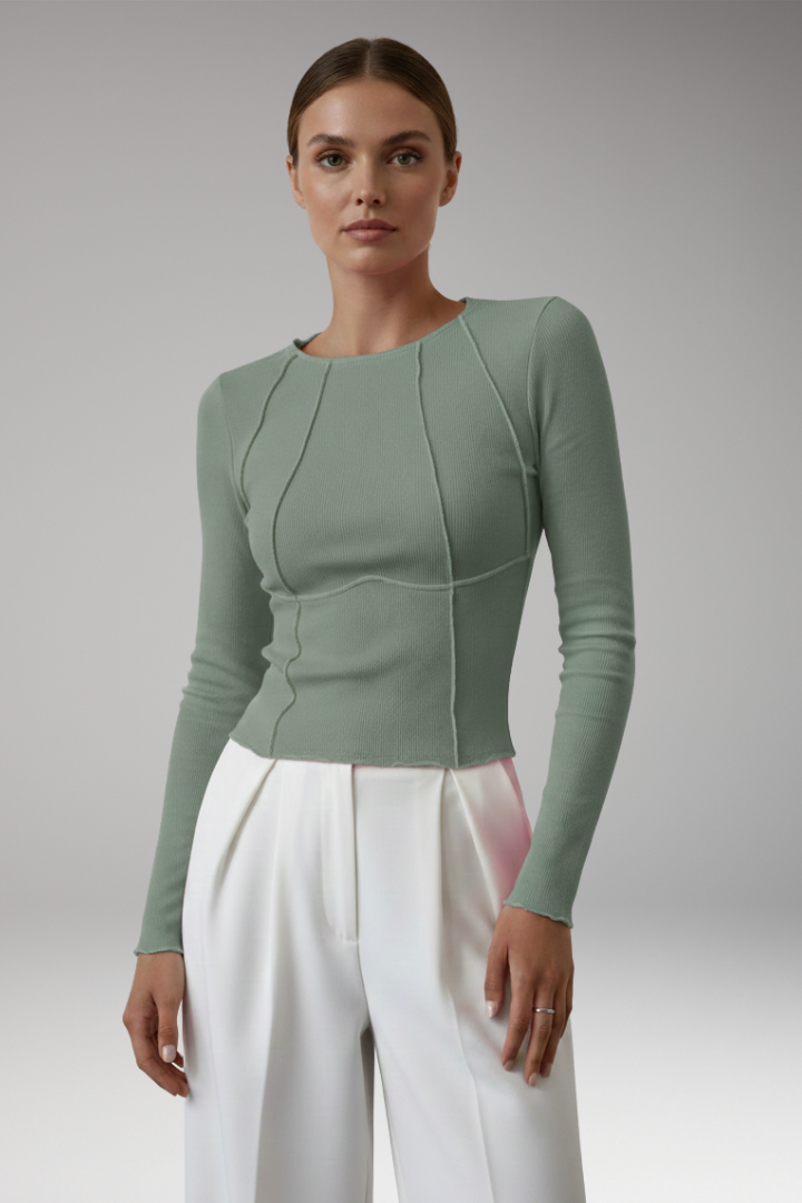 Women’s Long Sleeve Top with Ribbed Surface and Piping