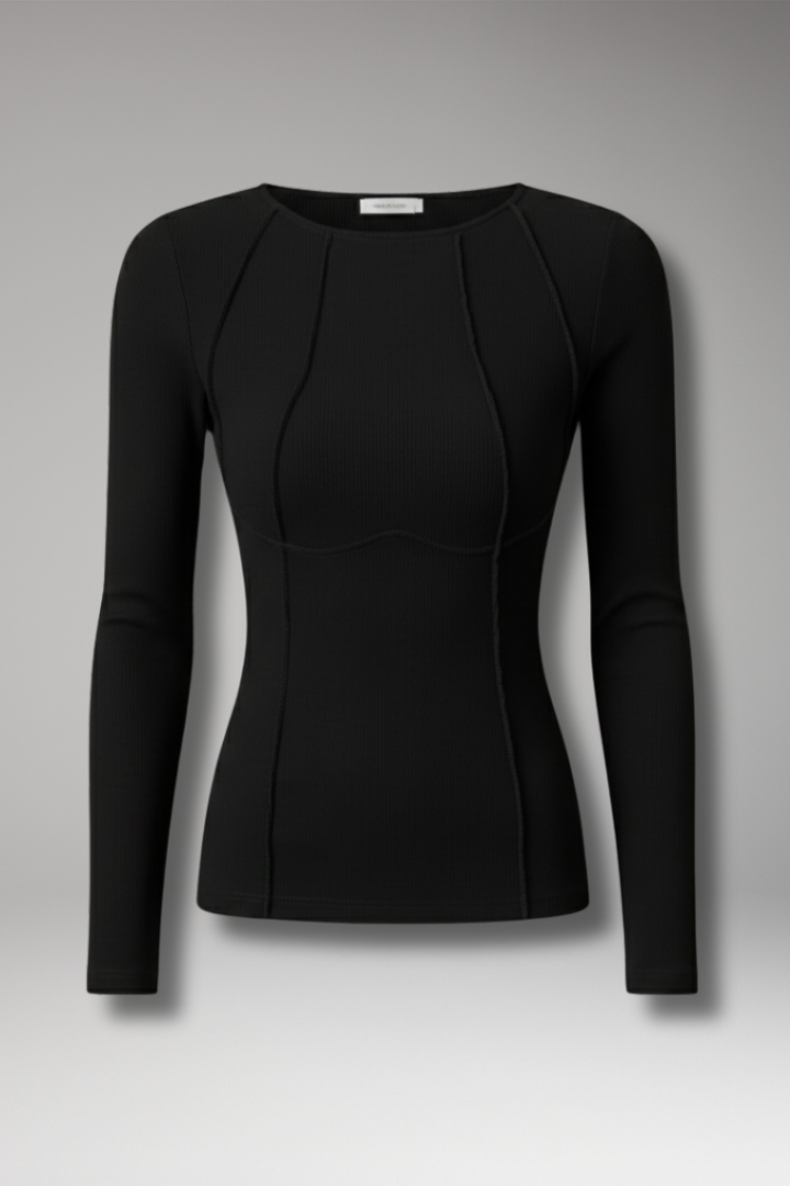 Women’s Long Sleeve Top with Ribbed Surface and Piping