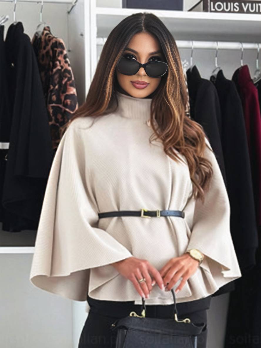 Women's Belted Cape Poncho with Wide Sleeves