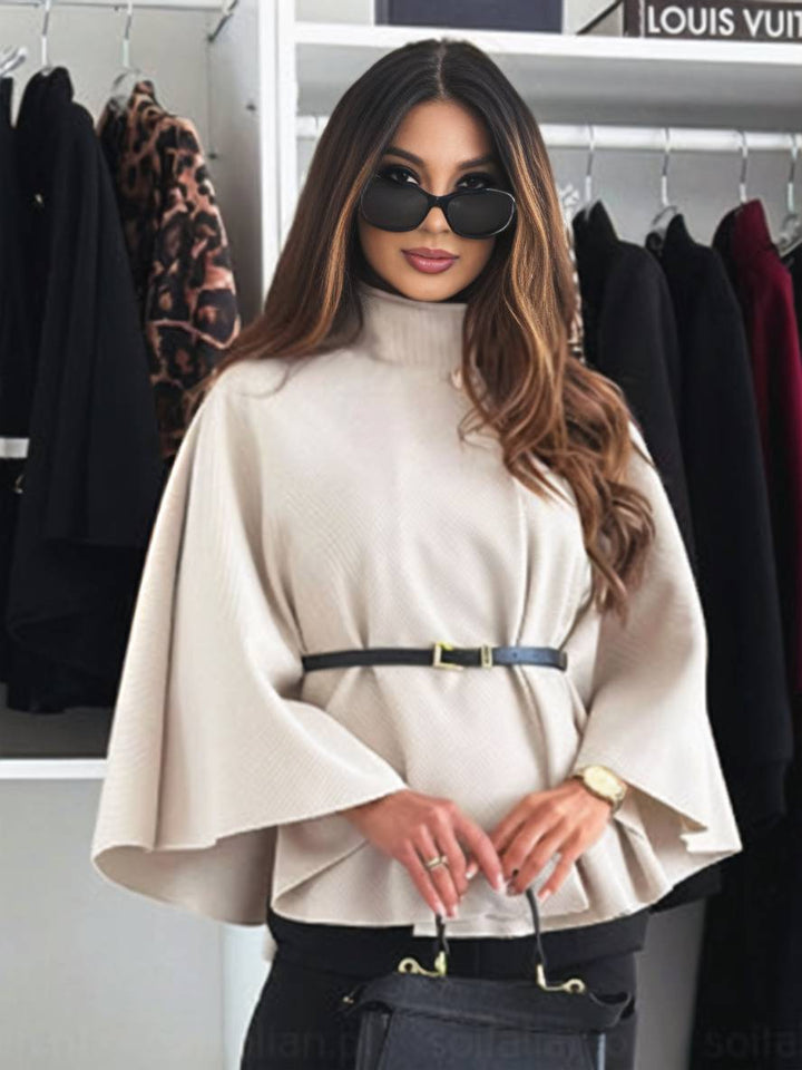 Women's Belted Cape Poncho with Wide Sleeves
