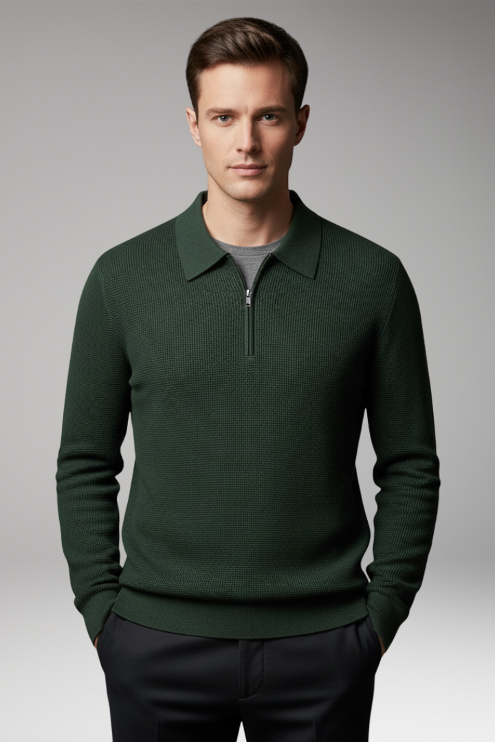 Men’s Quarter-Zip Polo Jumper with Ribbed Surface