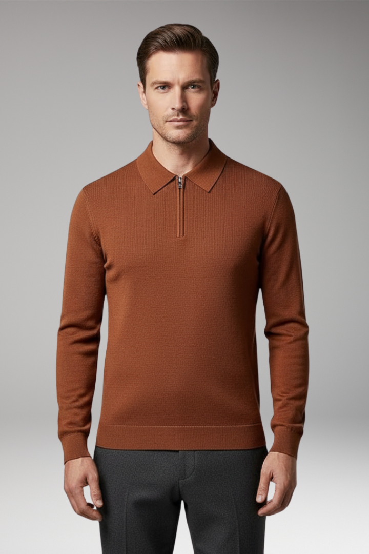Men’s Quarter-Zip Polo Jumper with Ribbed Surface