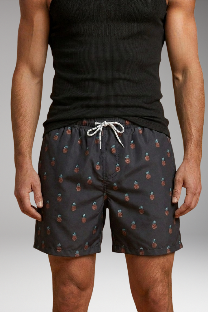 Men’s Swim Shorts with Pineapple Print and Drawstring Closure