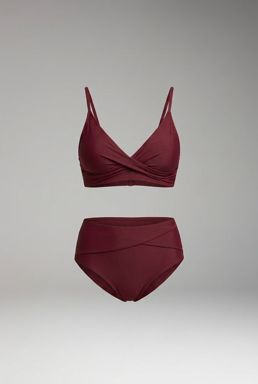 Women’s Ribbed Bikini Set with V-Neck and High-Waisted Bottoms
