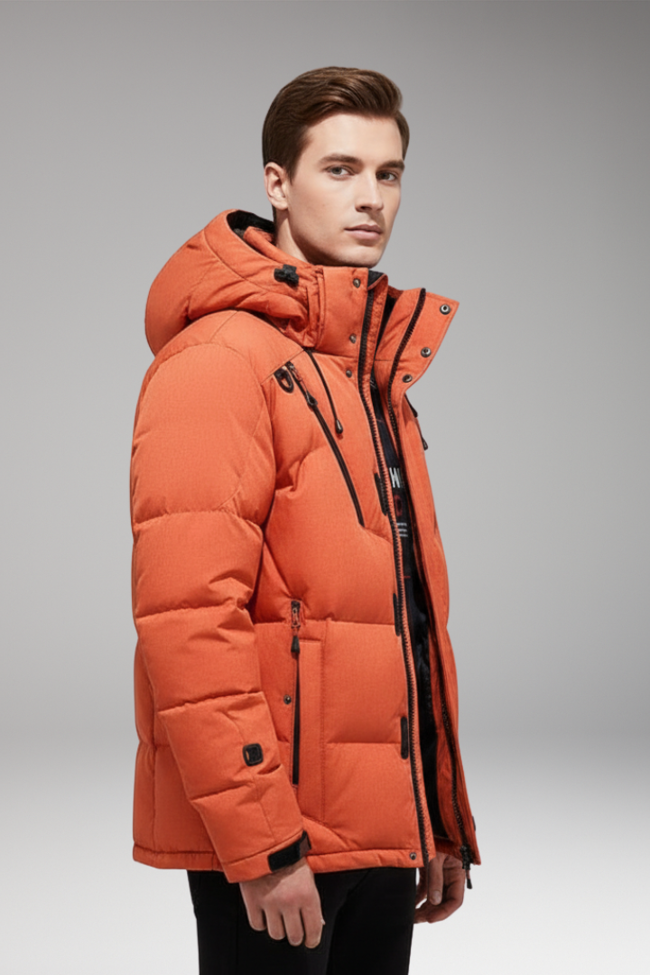 Men’s Down Puffer Jacket with Detachable Hood and Zippered Pockets