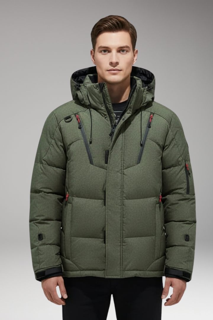 Men’s Down Puffer Jacket with Detachable Hood and Zippered Pockets
