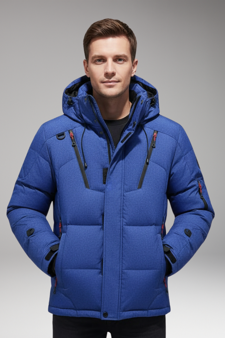 Men’s Down Puffer Jacket with Detachable Hood and Zippered Pockets
