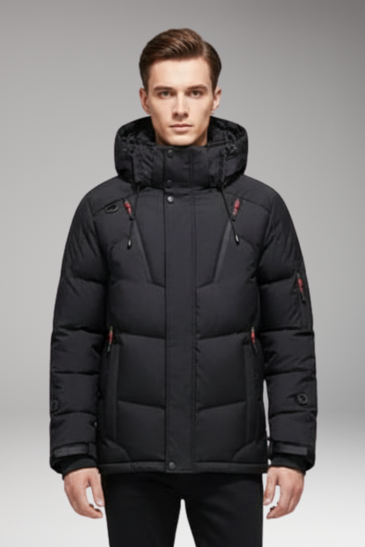 Men’s Down Puffer Jacket with Detachable Hood and Zippered Pockets
