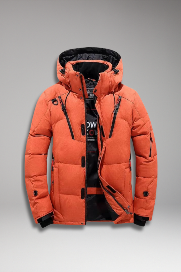 Men’s Down Puffer Jacket with Detachable Hood and Zippered Pockets