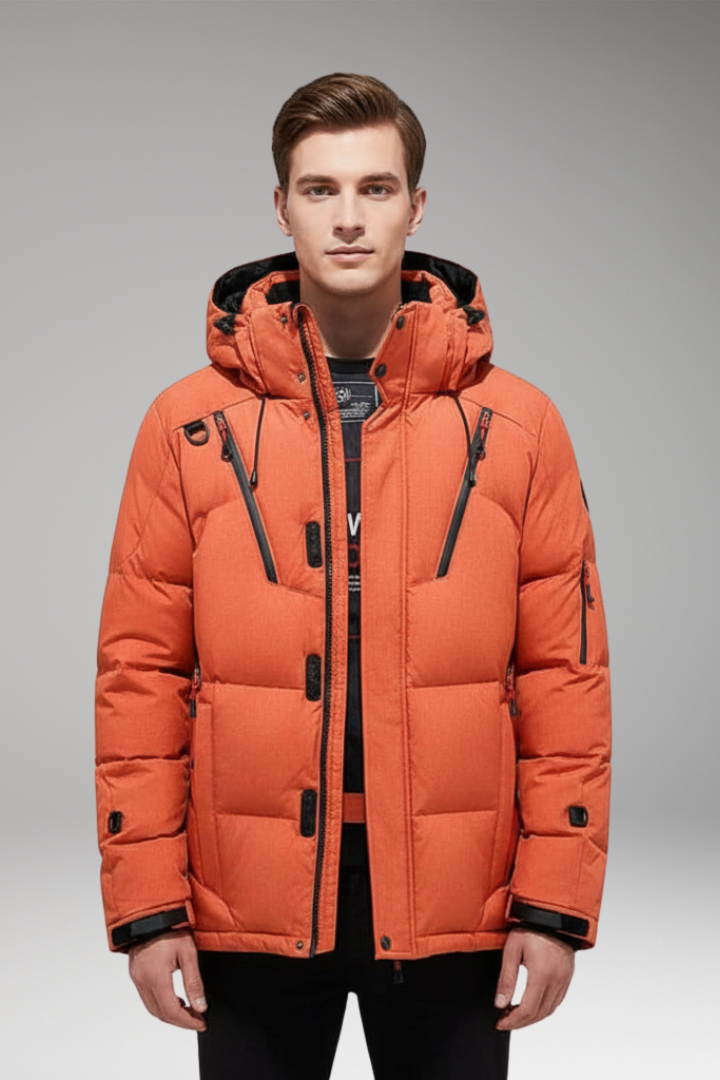 Men’s Down Puffer Jacket with Detachable Hood and Zippered Pockets
