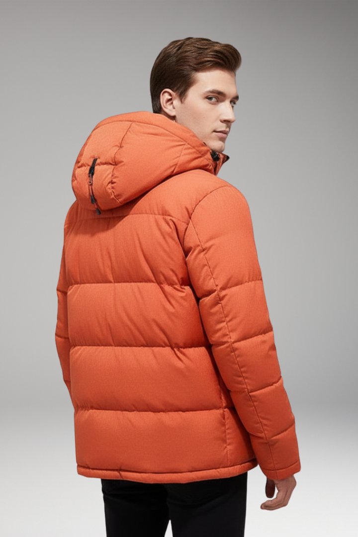Men’s Down Puffer Jacket with Detachable Hood and Zippered Pockets