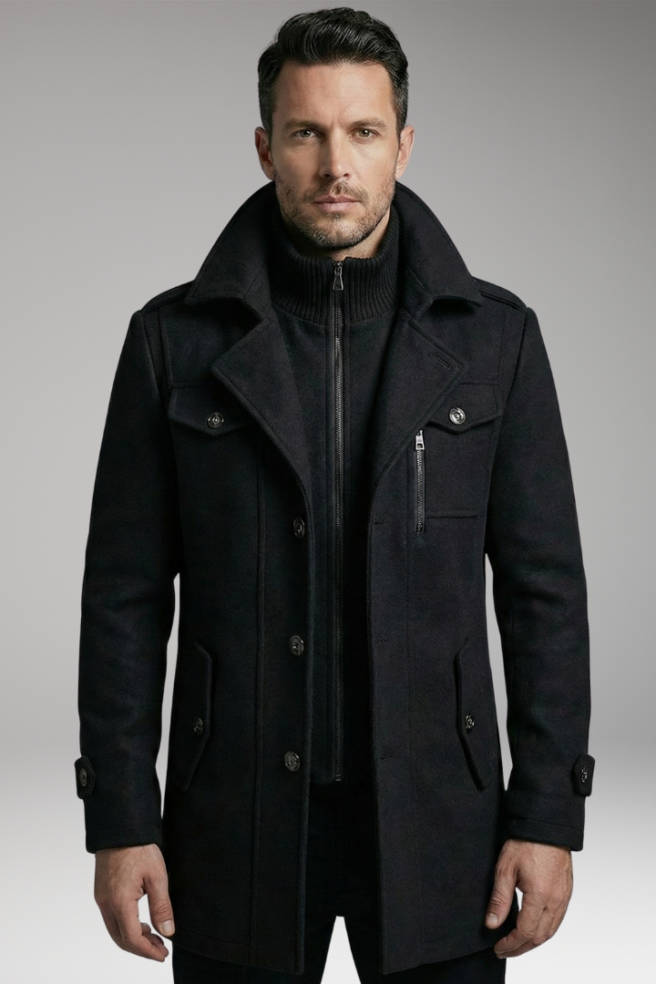Men’s Blend Overcoat with Zipper and Buttons