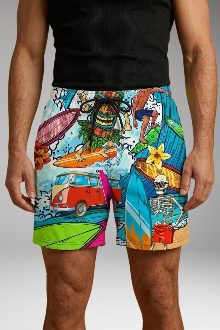 Men’s Boardshorts with Colourful Printed Design and Drawstring Waistband