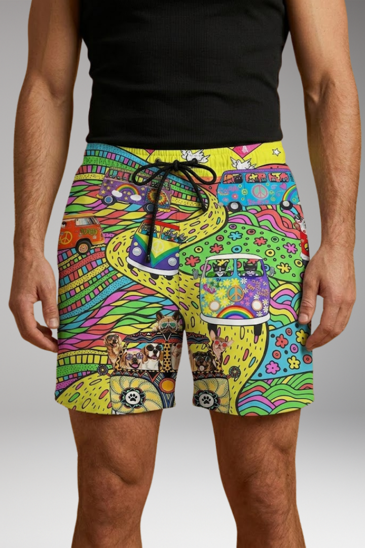 Men’s Boardshorts with Colourful Printed Design and Drawstring Waistband