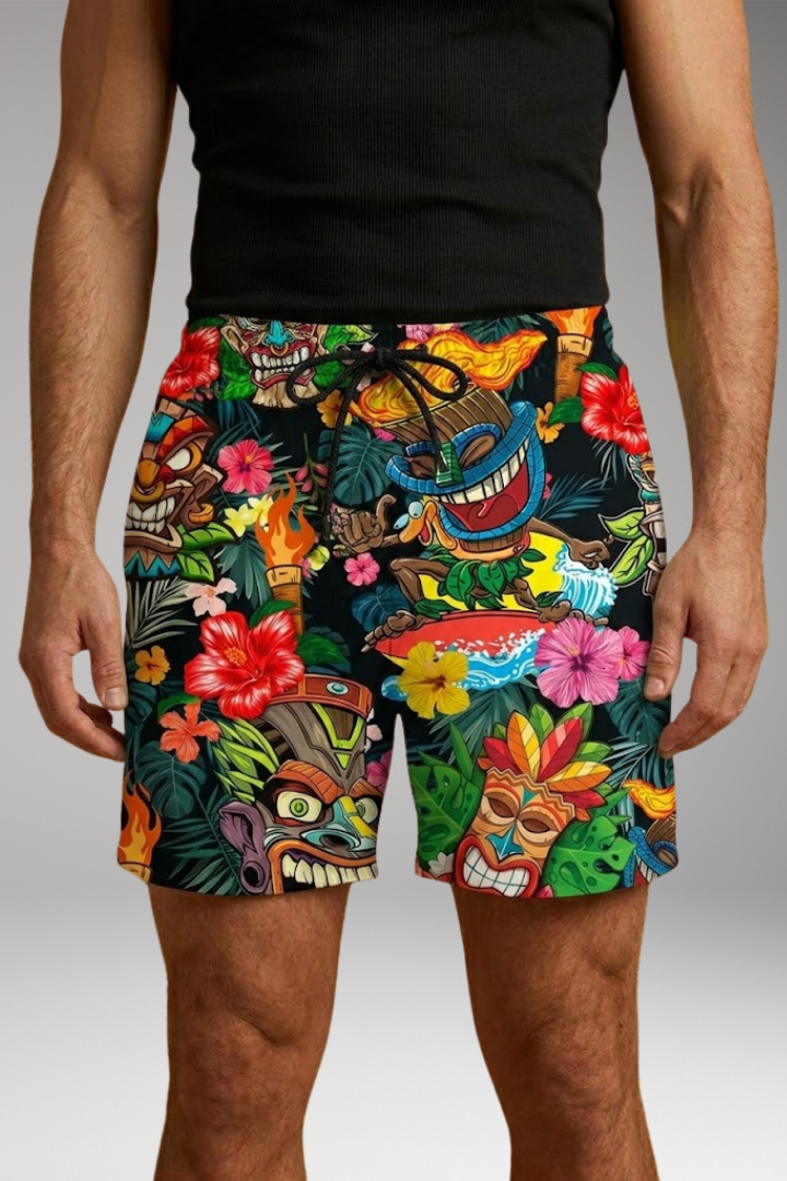 Men’s Boardshorts with Colourful Printed Design and Drawstring Waistband
