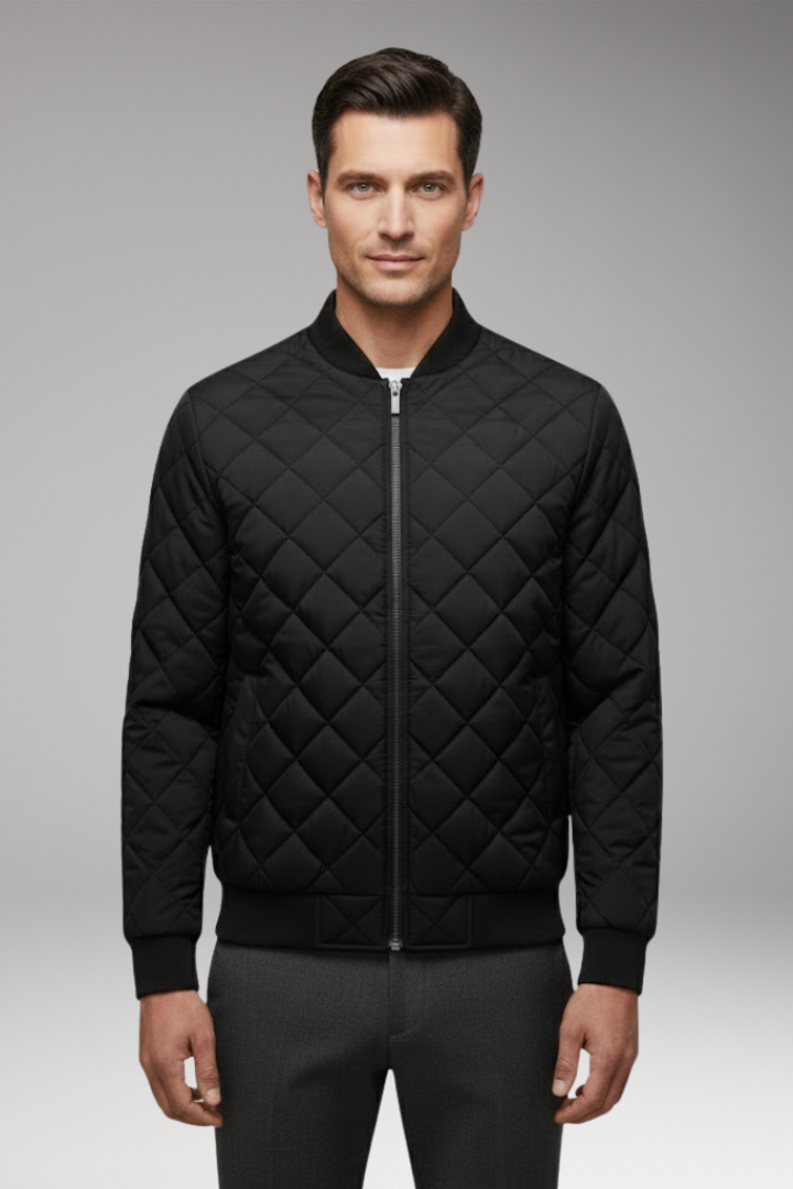 Men’s Bomber Jacket with Front Closure and Diamond Pattern