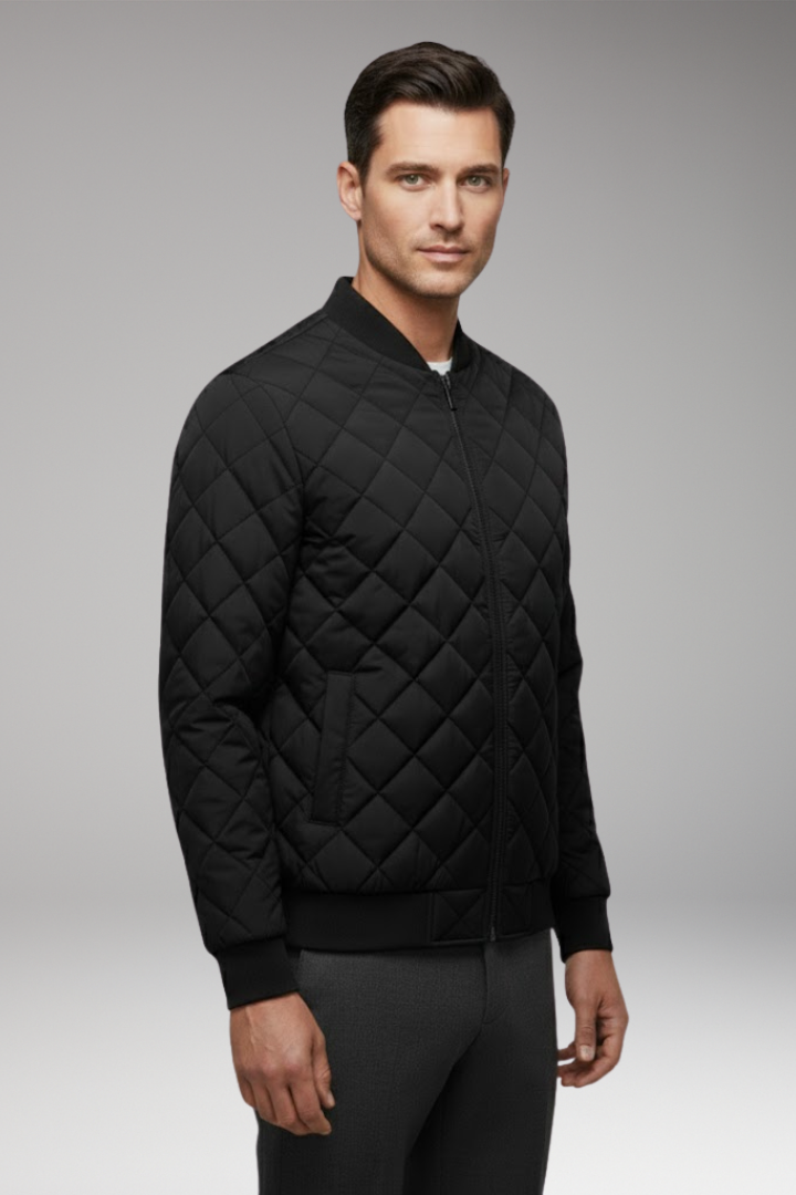 Men’s Bomber Jacket with Front Closure and Diamond Pattern