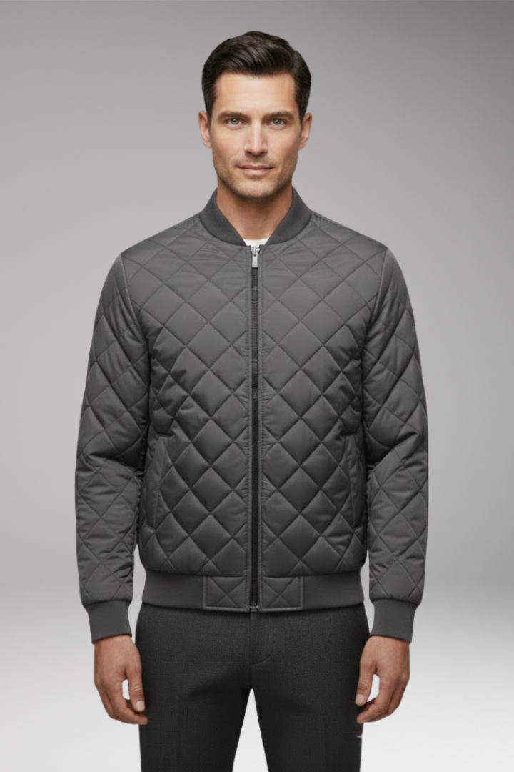 Men’s Bomber Jacket with Front Closure and Diamond Pattern