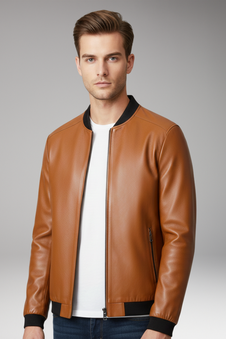 Men’s Bomber Jacket with Front Zip and Contrast Trim