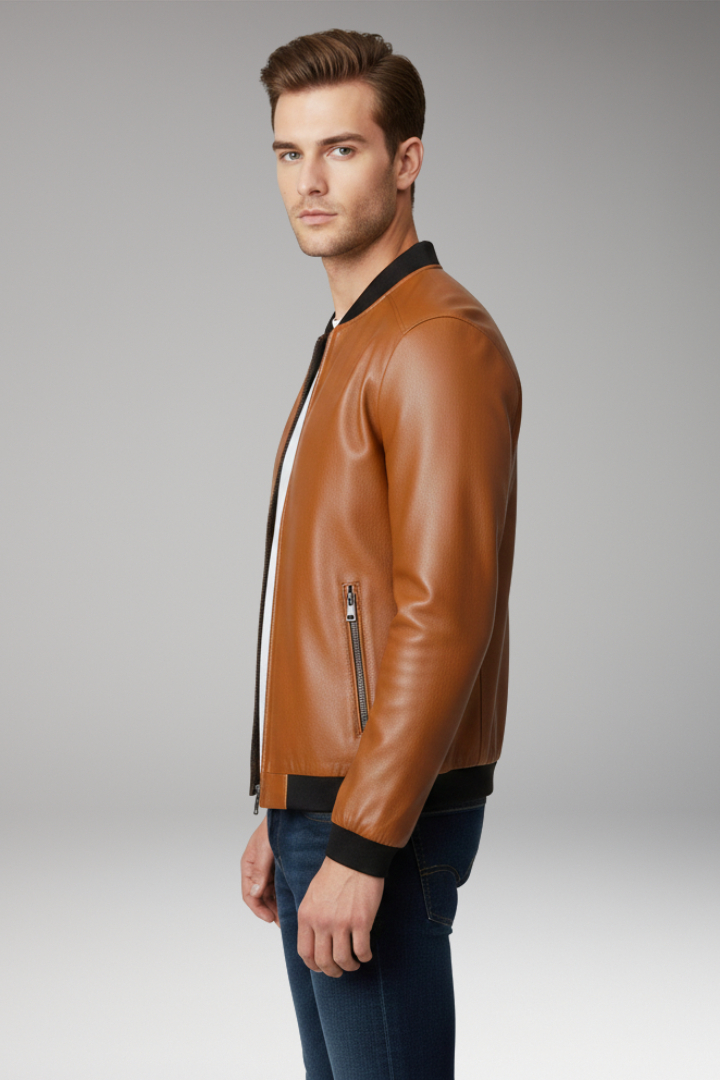 Men’s Bomber Jacket with Front Zip and Contrast Trim