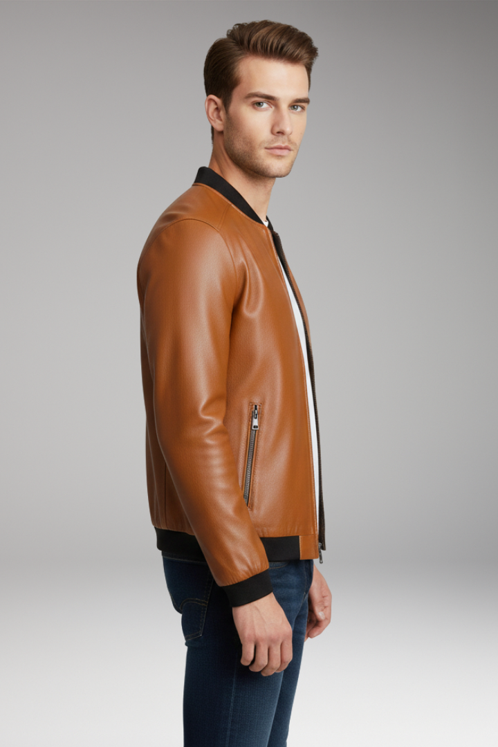 Men’s Bomber Jacket with Front Zip and Contrast Trim