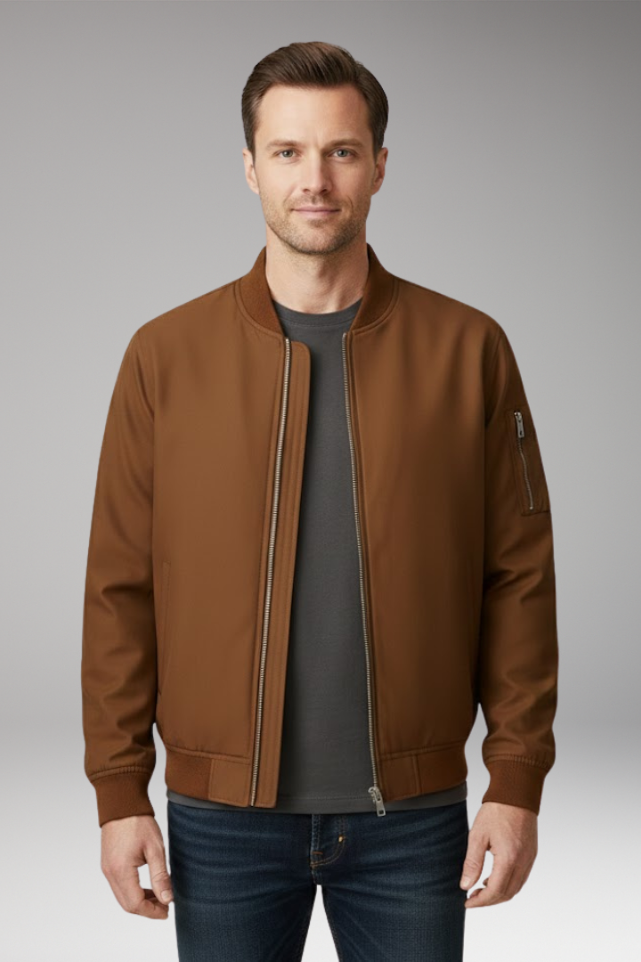 Men’s Bomber Jacket with Front Zip and Ribbed Details