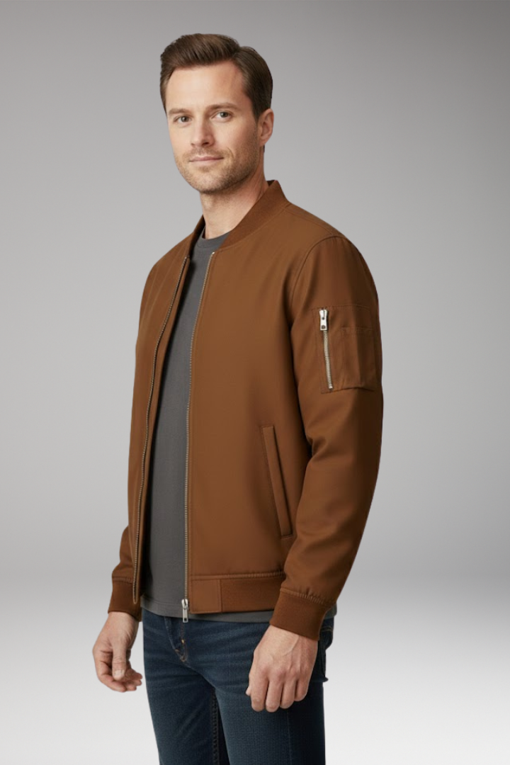 Men’s Bomber Jacket with Front Zip and Ribbed Details