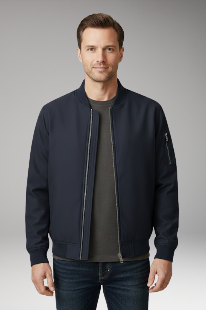 Men’s Bomber Jacket with Front Zip and Ribbed Details