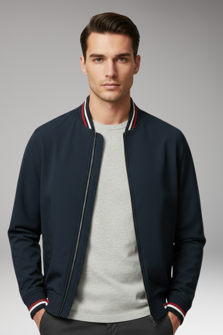 Men’s Bomber Jacket with Front Zip and Ribbed Trim