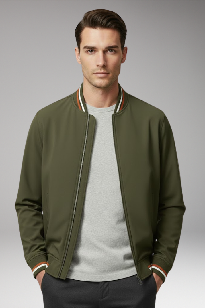 Men’s Bomber Jacket with Front Zip and Ribbed Trim