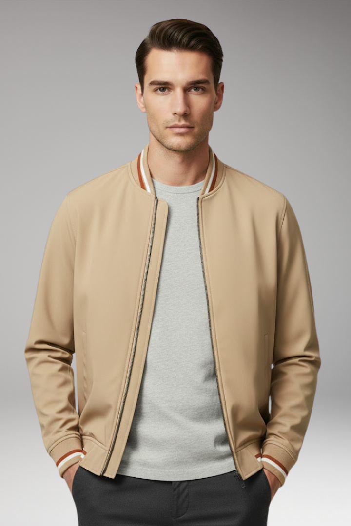 Men’s Bomber Jacket with Front Zip and Ribbed Trim